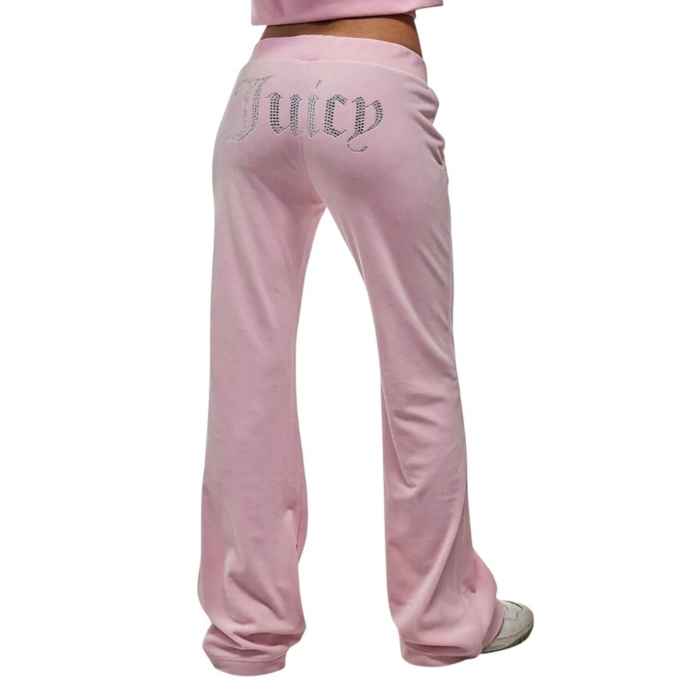 Juicy Couture Cameo Pink Low-Rise Velour Flare Pull On Track Bling Pants Y2K